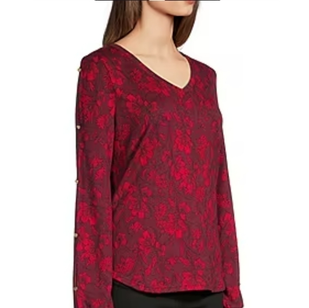 Liz Claiborne Floral Satin Burgundy Petite Balloon Sleeve Blouse